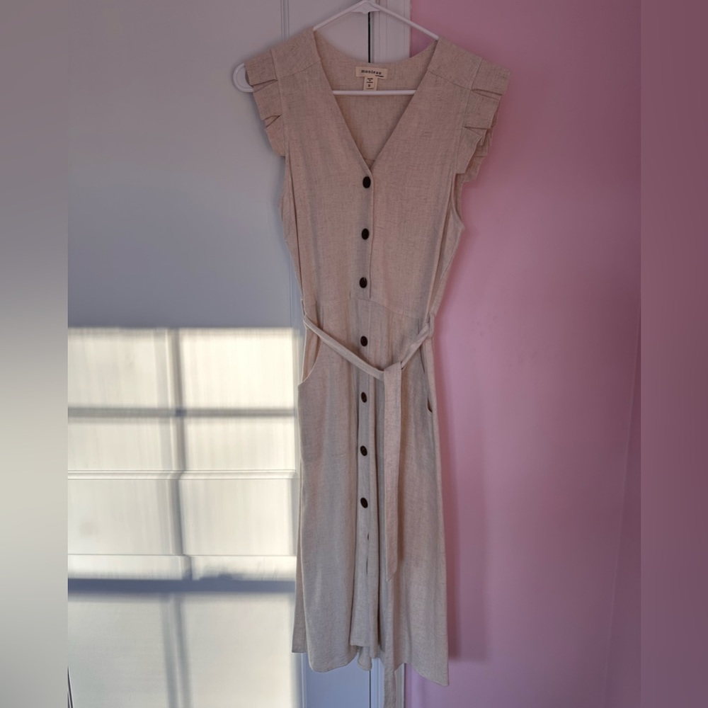 NWOT beige button-front midi dress, linen